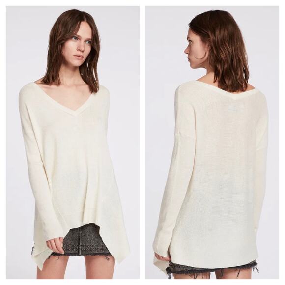 Allsaints Kelsey Cream V-neck Knit Top Lightweight Small Italian Yarn Minimalist - Picture 1 of 14